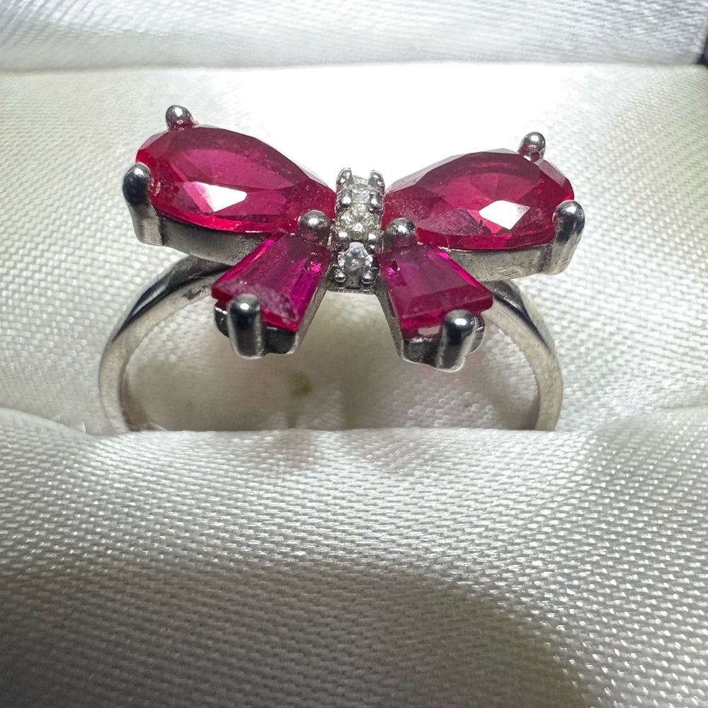 Red Ribbon Bow Ring Sterling Silver Ruby & Pave CZs - Picture 4 of 7